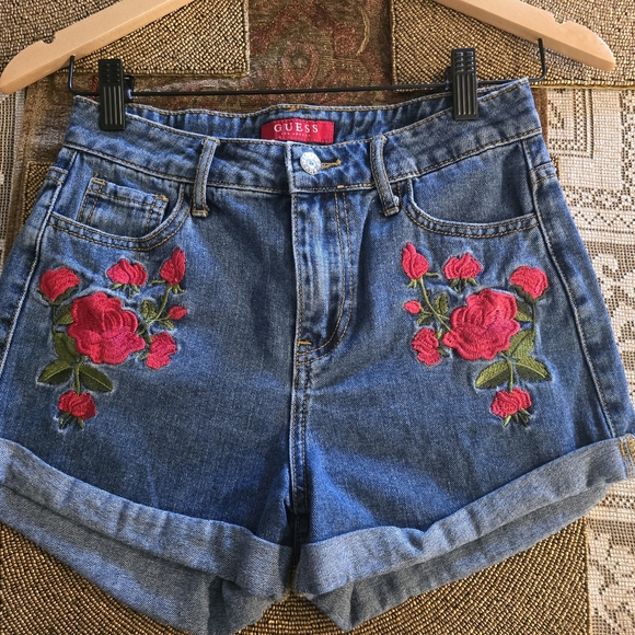 Guess Los Angeles High Waisted Embroidered Denim Jean Shorts Size 24 - Picture 1 of 8